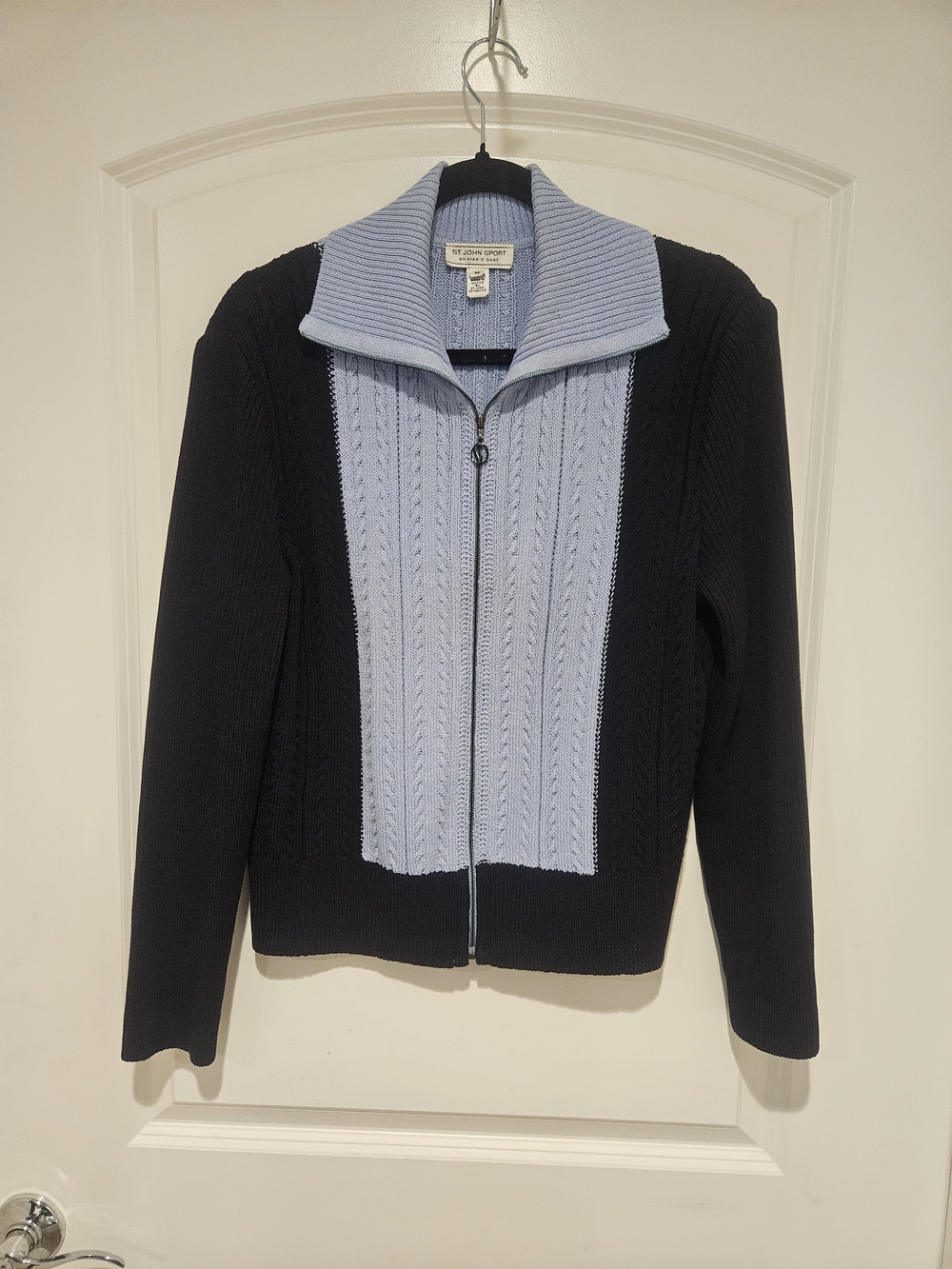 St. John Sport Light Blue & Black Zip-Front Knit Cardigan